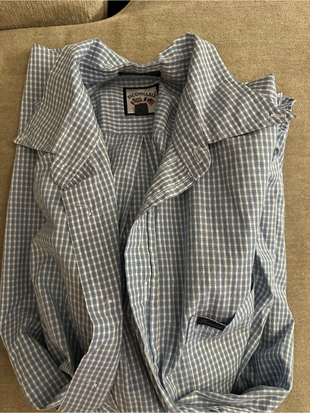 Faconnable Light Blue and White Gingham Button-Down Shirt